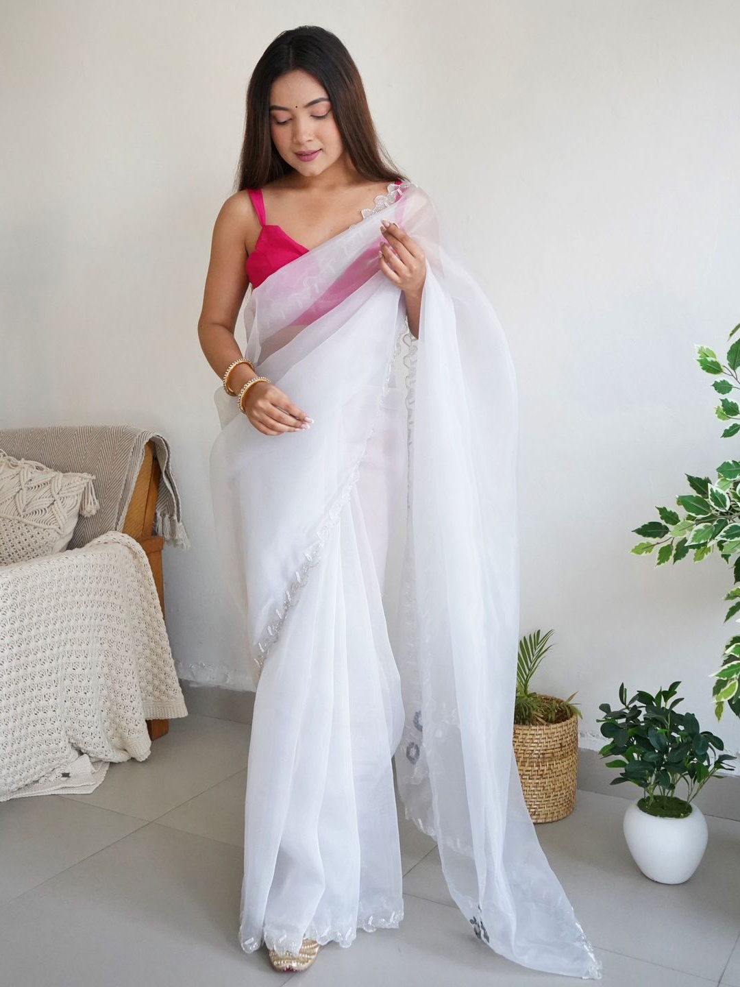 

Anouk Ethnic Motifs Beads and Stones Organza Saree, White