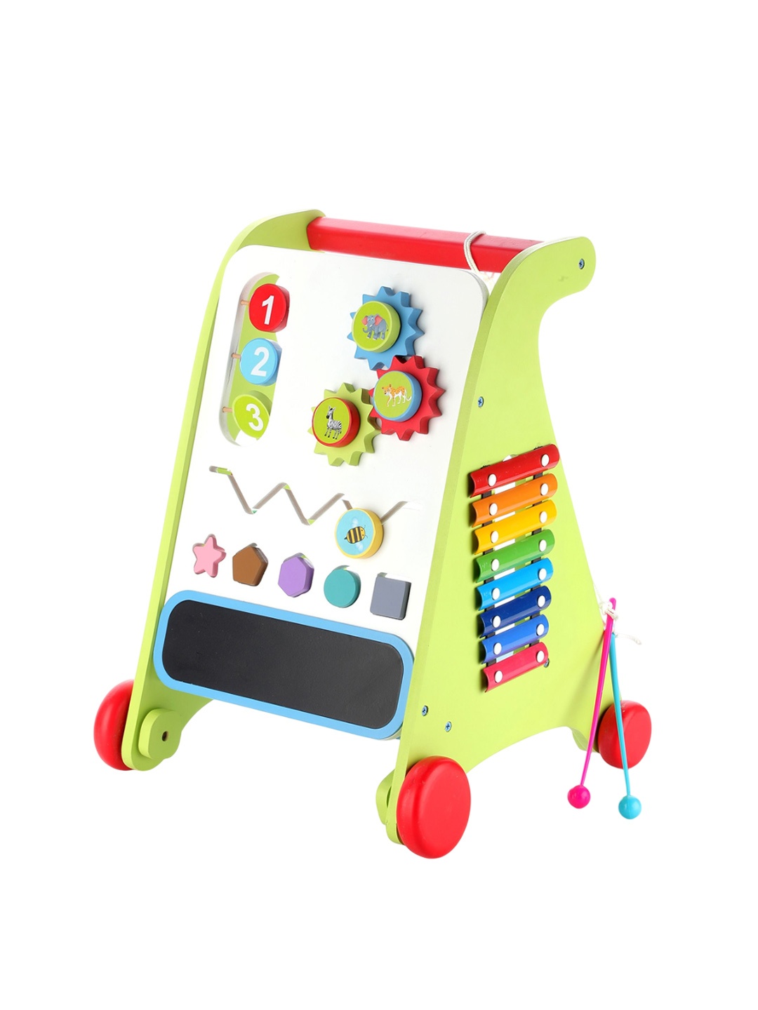 

Aditi Toys Kids Green & Red Wooden Baby Walker With 6 Fun Activities