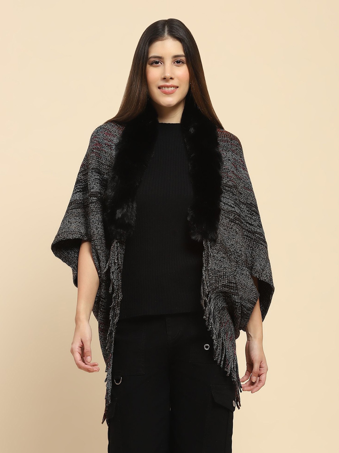 

Global Republic Self Design Acrylic Tasselled Shrug, Black