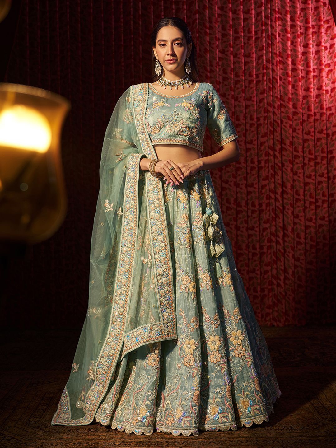 

Fusionic Designer Zarkan Organza Semi-Stitched Lehenga & Unstitched Blouse With Dupatta, Turquoise blue