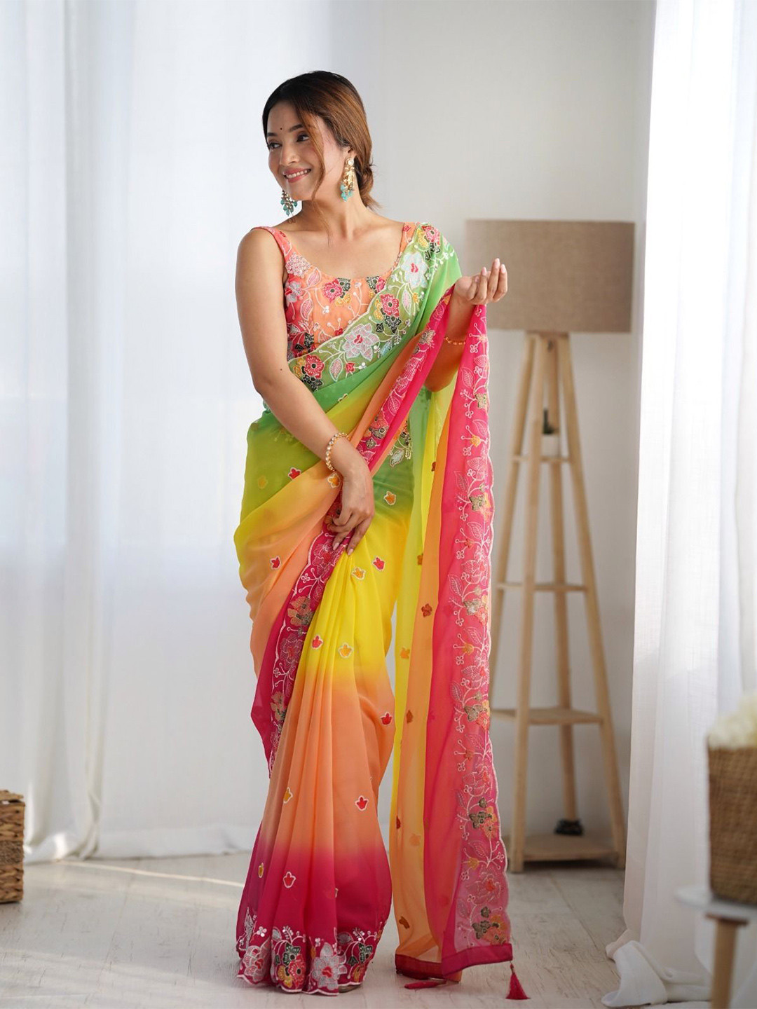

KSM PRINTS Embellished Embroidered Pure Georgette Saree, Yellow