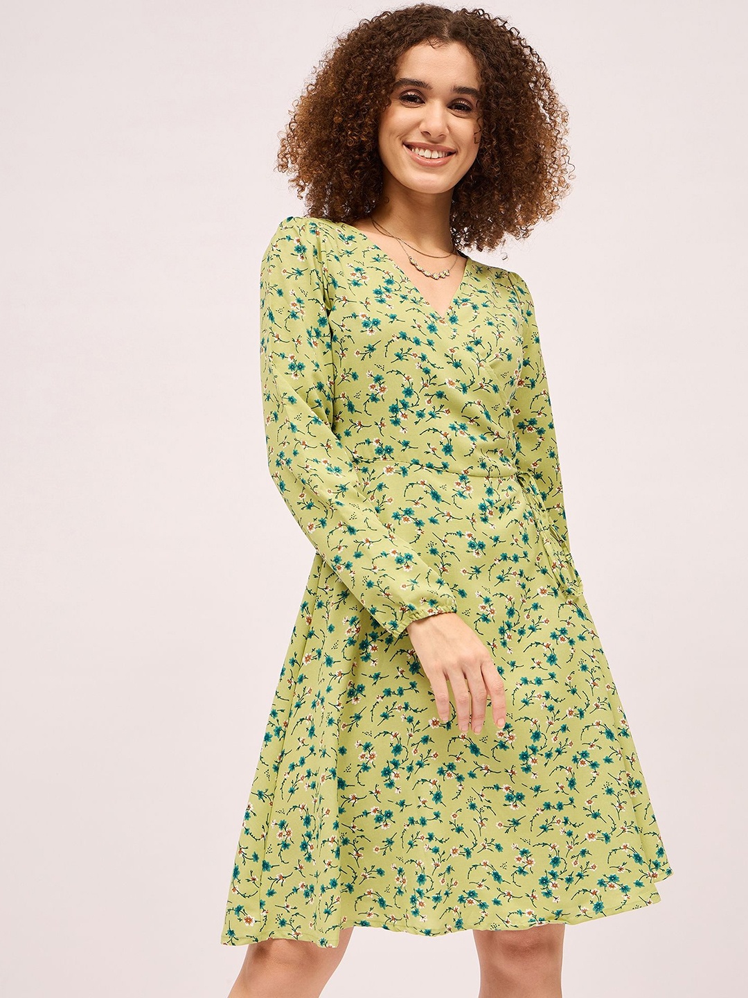 

Mayra Women Cotton V-Neck Floral Printed Wrap Dress, Green