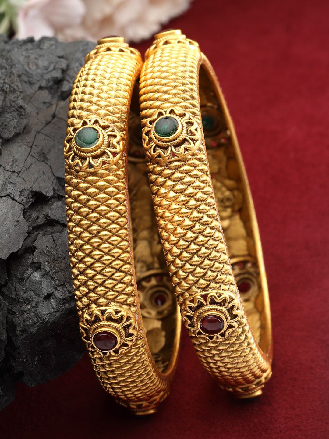 

PANASH Set Of 2 24 CT Gold Plated AD-Studded Antique Bangles