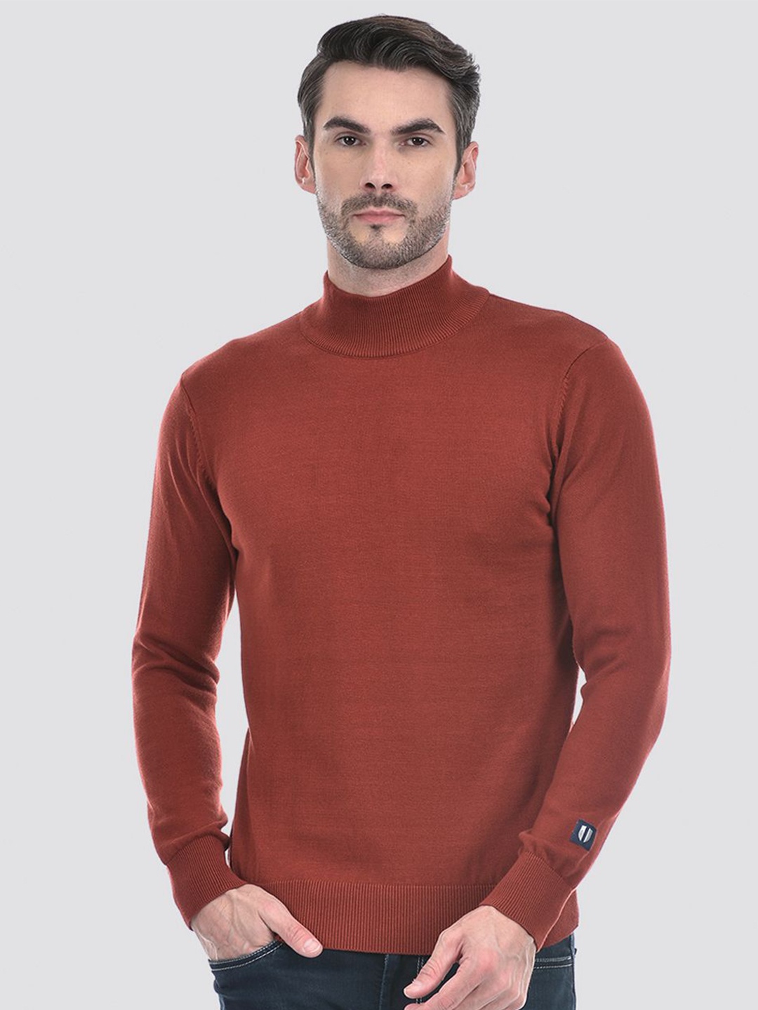 

Numero Uno Men Cotton High Neck Ribbed Pullover, Brown