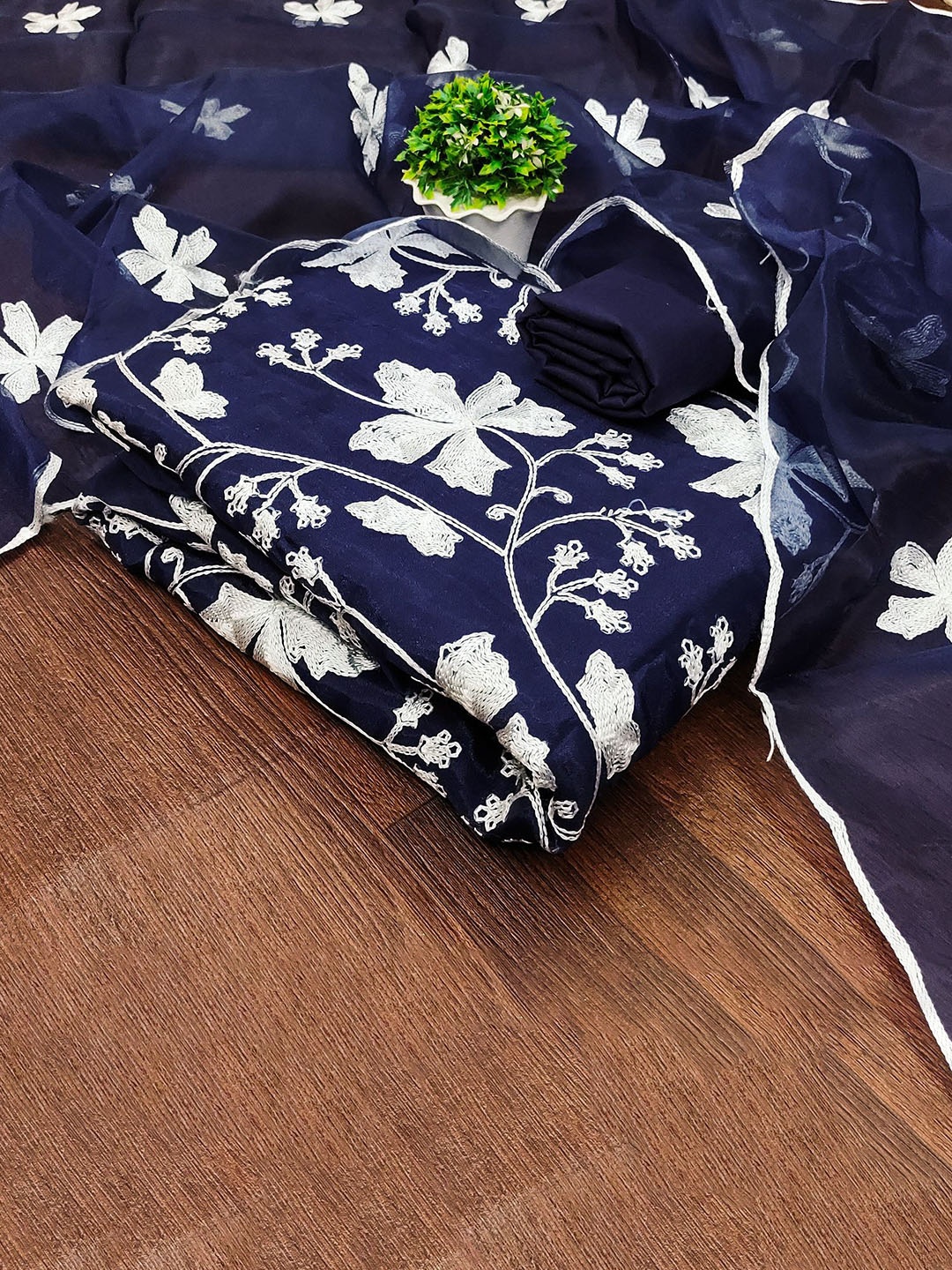

Aika Floral Embroidered Organza Unstitched Dress Material, Navy blue