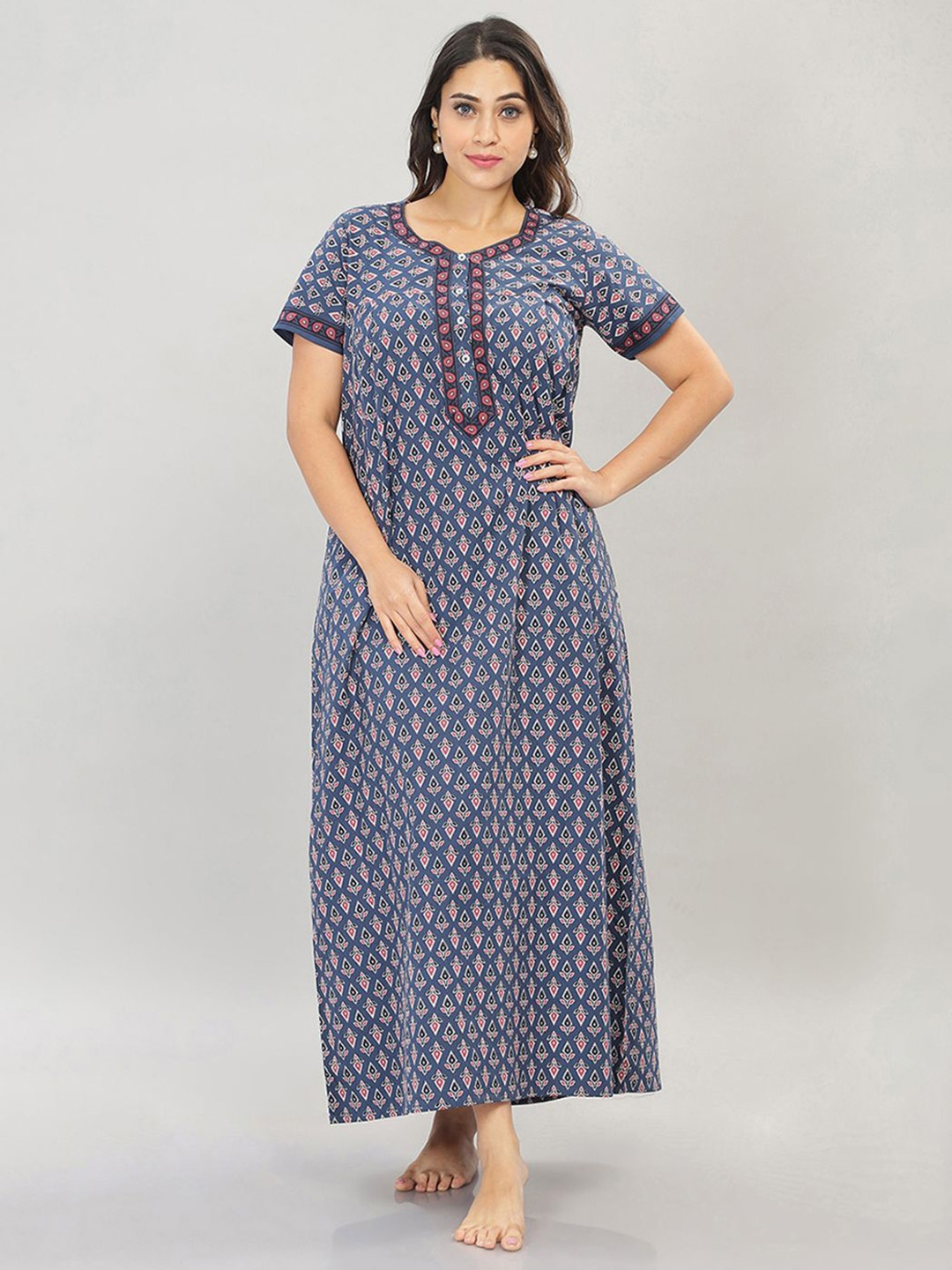 

NAIDU HALL Women Pure Cotton Floral Printed Maxi Nightdress, Navy blue