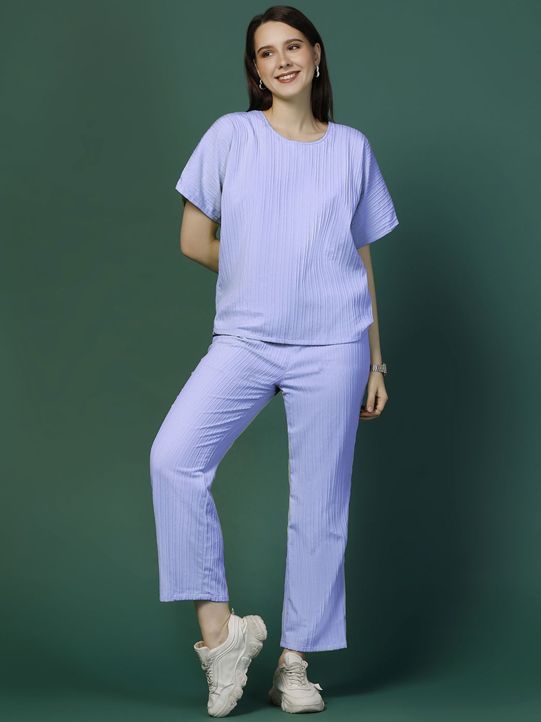 

Moda Rapido Striped Round Neck Top With Trousers, Lavender