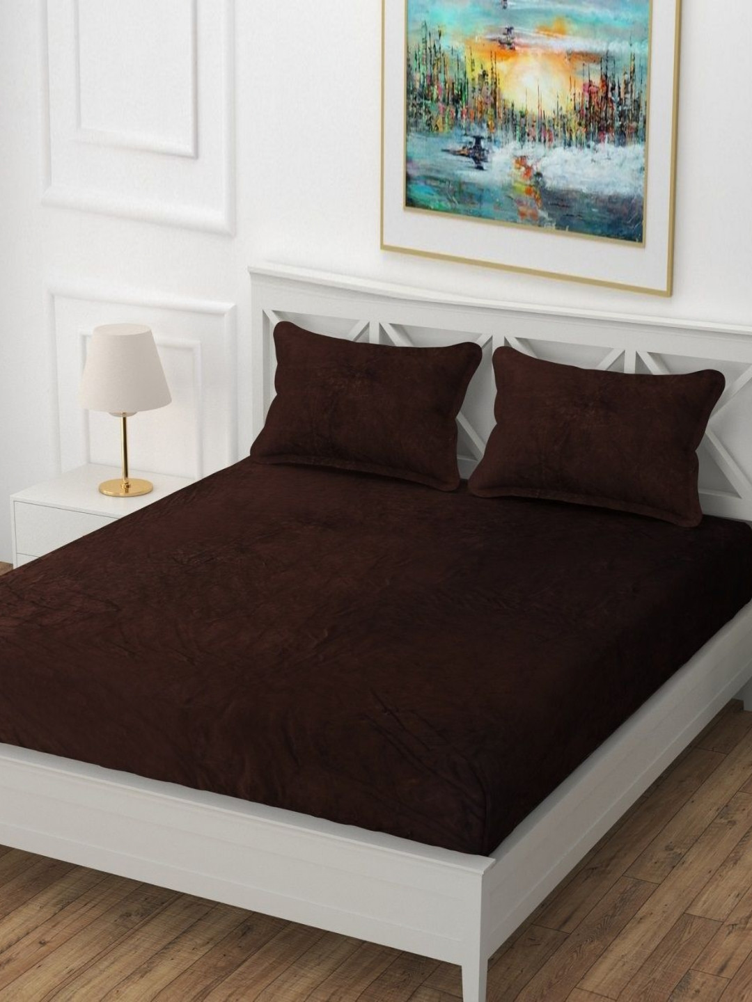 

INDHOME LIFE Coffee Brown Wool 220 TC Fitted King Bedsheet Set