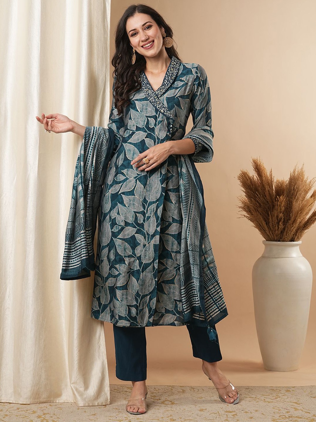 

FASHOR Ethnic Motifs Printed Angrakha Anarkali Kurta With Trouser & Dupatta, Teal