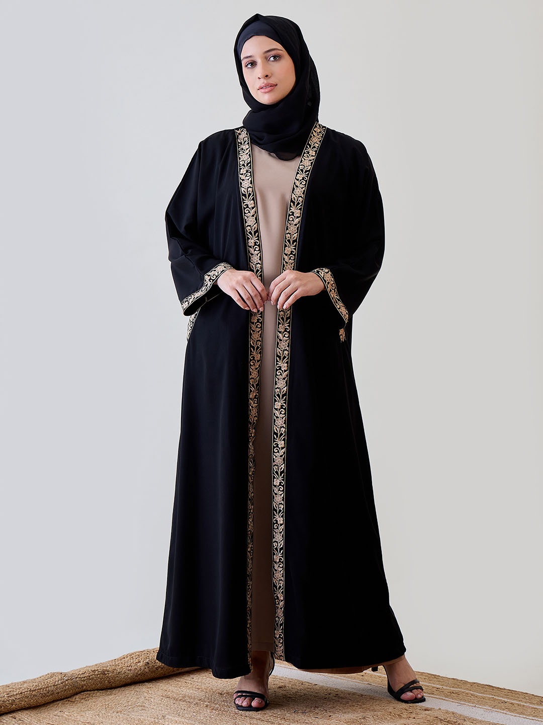 

NABIA Women Floral Embroidered Front Open Shrug Burqa, Black