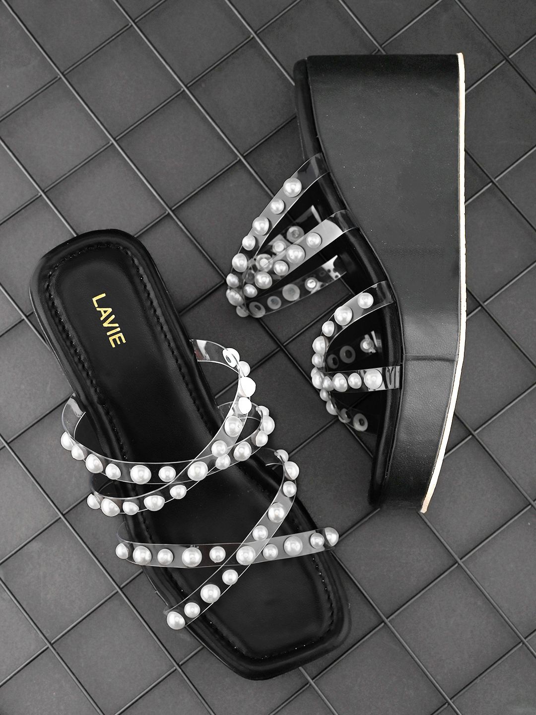 

Lavie Women Embellished Open Toe Wedge Heels, Black