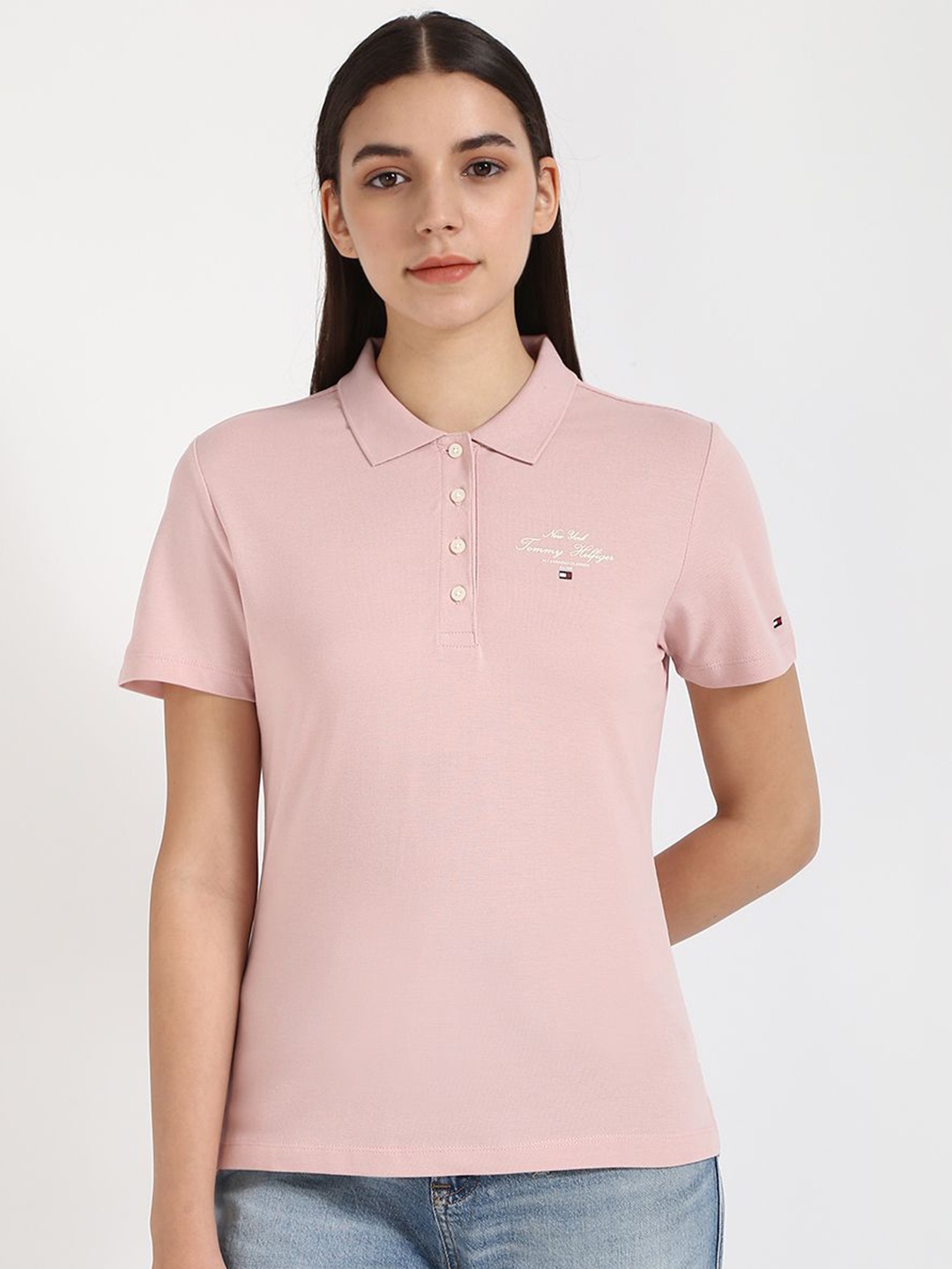 

Tommy Hilfiger Women Polo Collar Extended Sleeves Pockets Slim Fit T-shirt, Pink