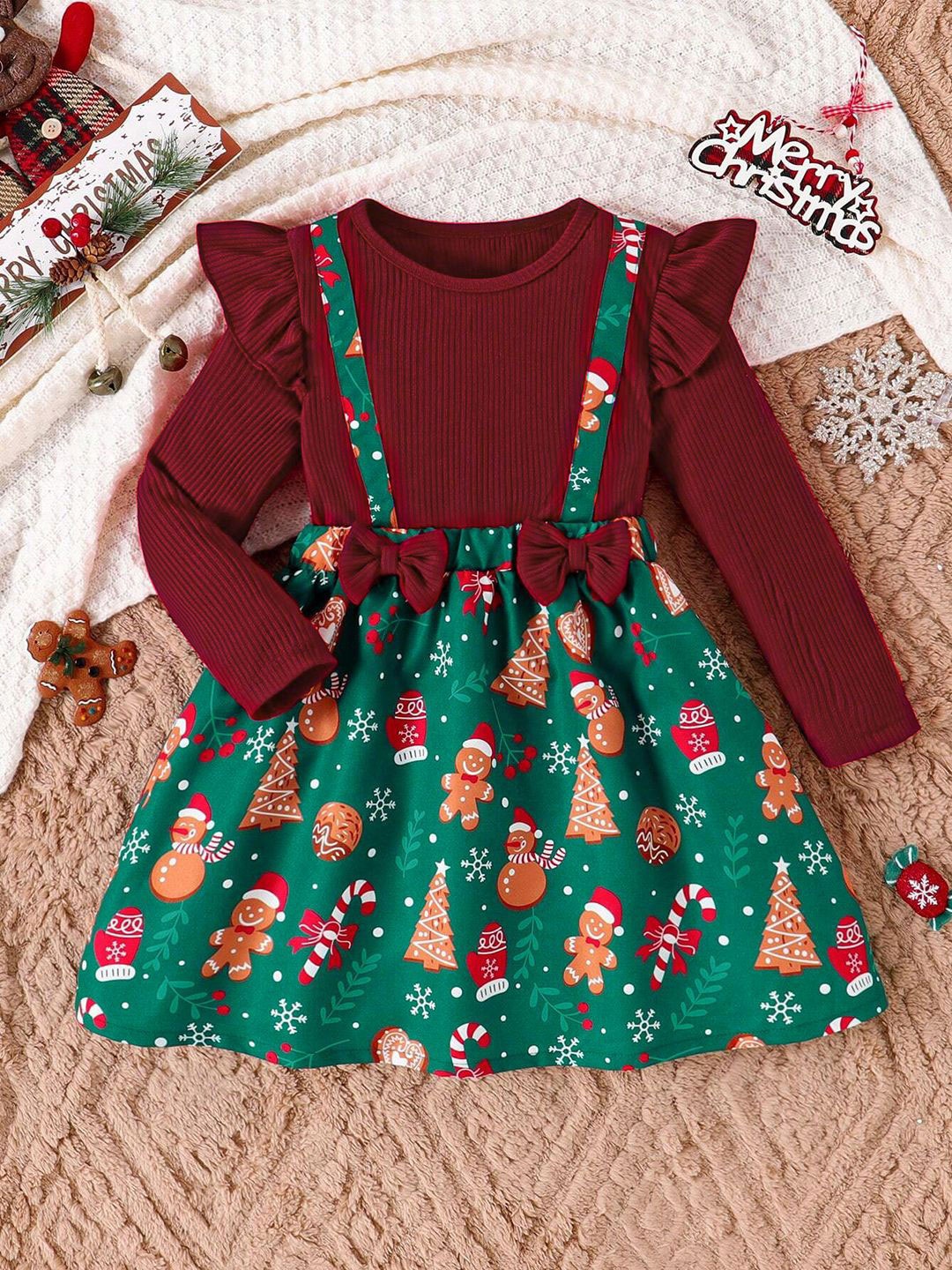 

OMPAX Girls Conversational Printed Cotton Fit & Flare Knee Length Dress, Maroon