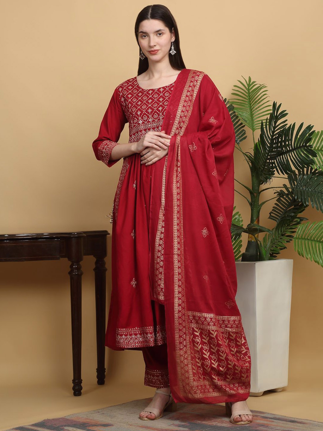 

KALINI Floral Embroidered Regular Sequinned Kurta with Trousers & Dupatta, Red