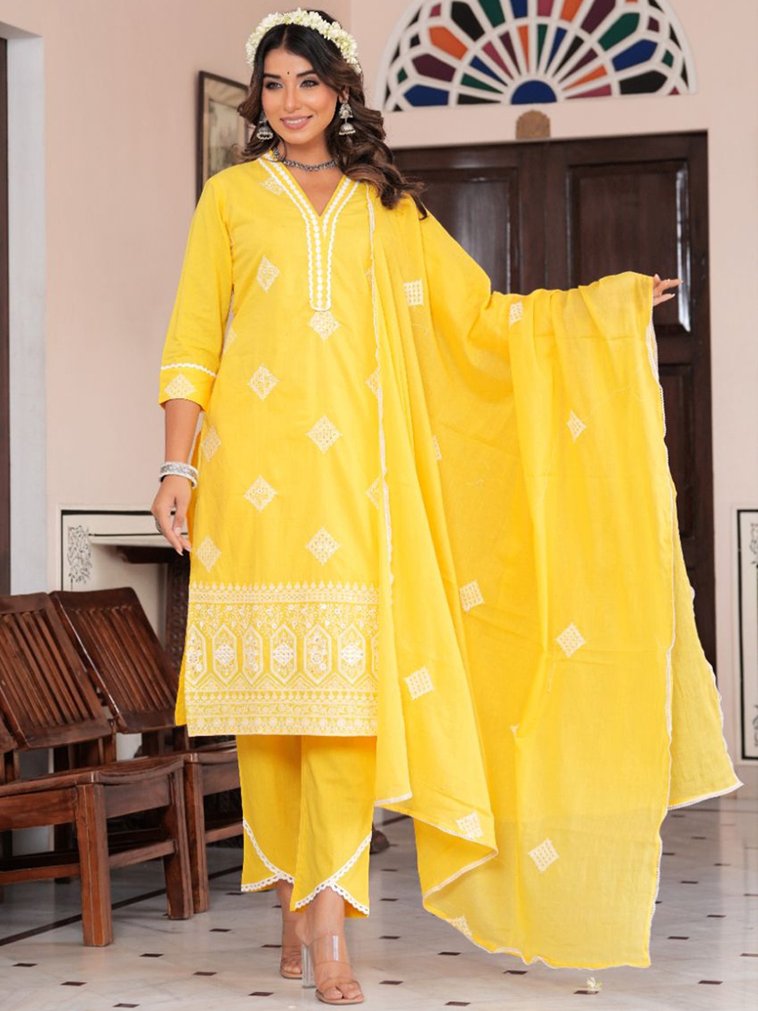 

KALINI Women Ethnic Motifs Printed Regular Gotta Patti Pure Cotton Kurta with Trousers & With Dupatta, Yellow