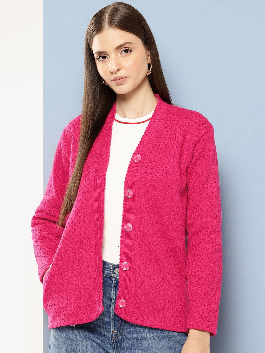 

BAESD Women Geometric Self Design Cardigan, Pink