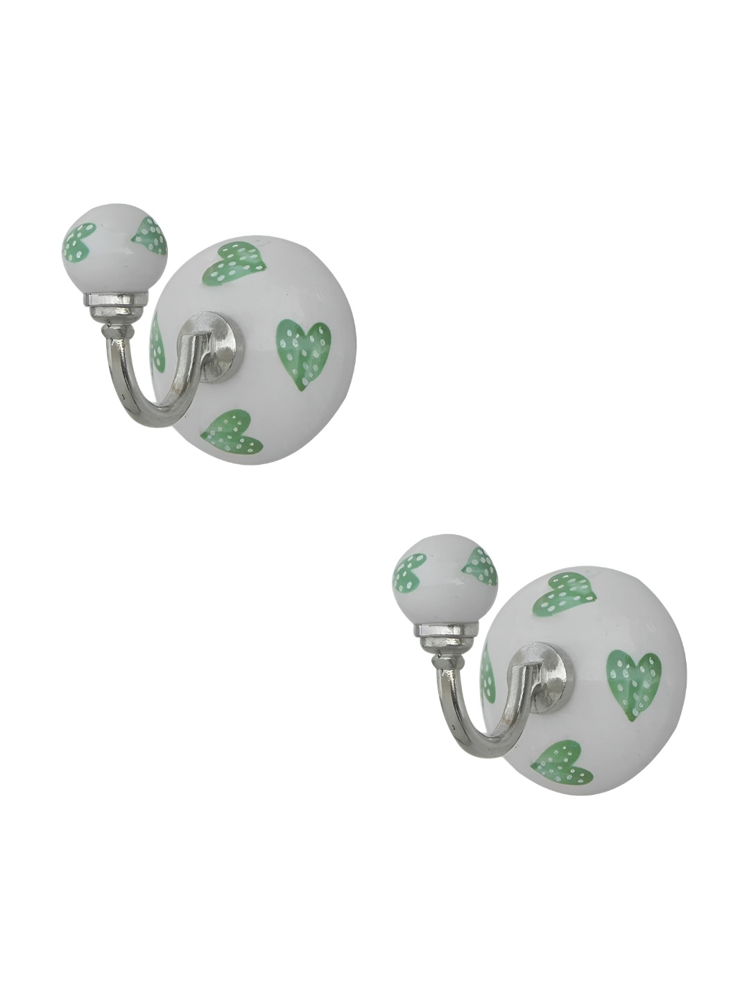 

IndianShelf Green and White 2 Pieces Heart Printed Ceramic Wall Hooks