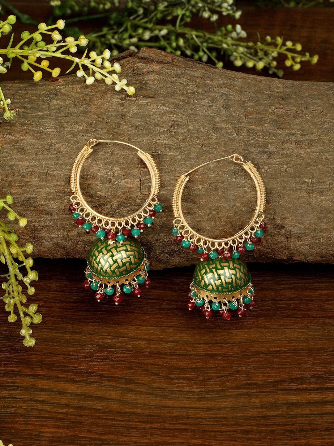 

Anouk Mint Gold-Plated Kundan Studded Dome Shaped Meenakari Jhumkas