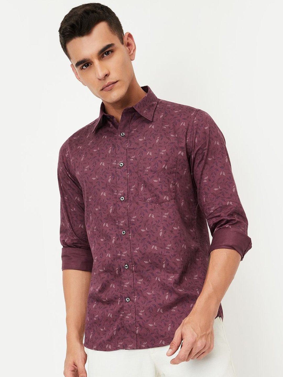 

max Men Spread Collar Floral Printed Cotton Casual Shirt, Maroon