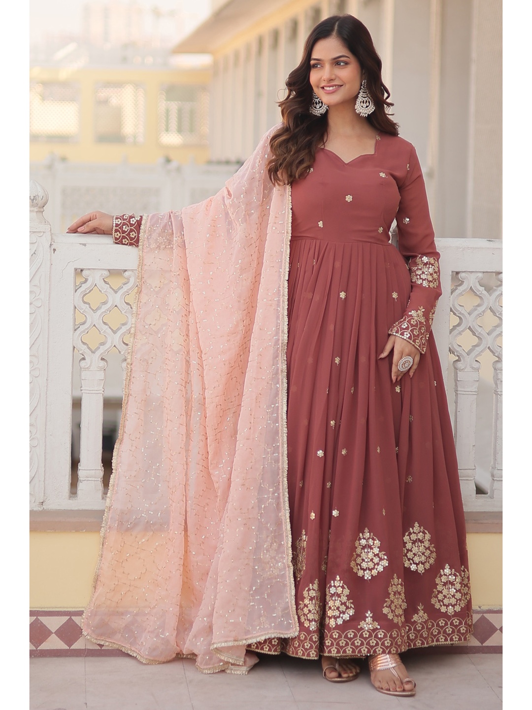 

Ethnic Yard Floral Embroidered Long Sleeves Georgette Fit and Flare Ethnic Dress, Brown