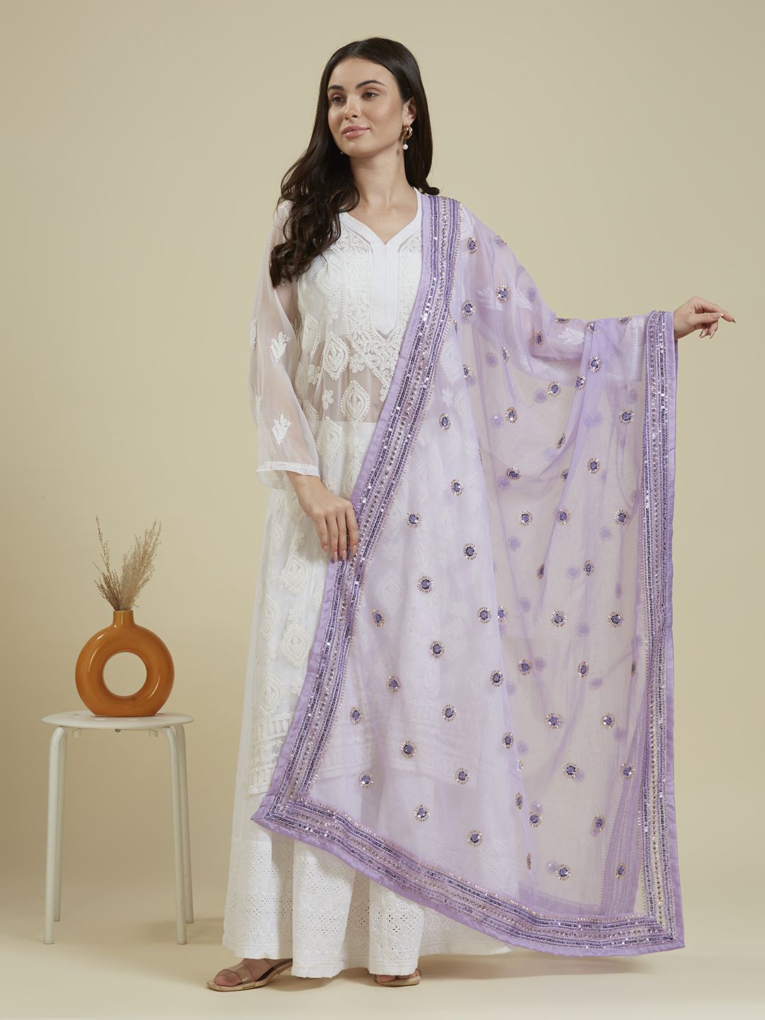 

Dupatta Bazaar Women Embroidered Organza Dupatta with Beads and Stones, Mauve