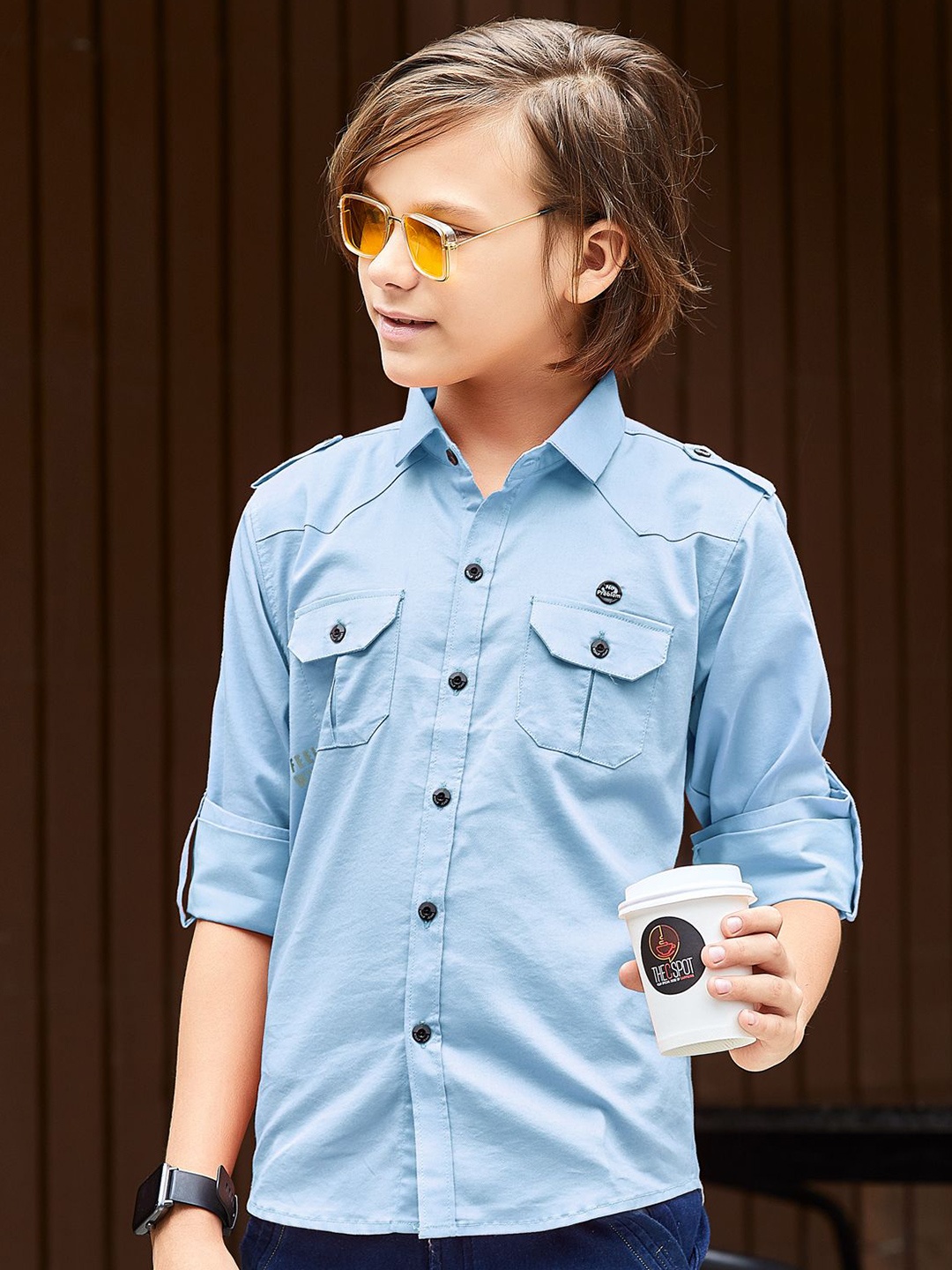 

MashUp Boys Classic Spread Collar Solid Cotton Casual Shirt, Blue