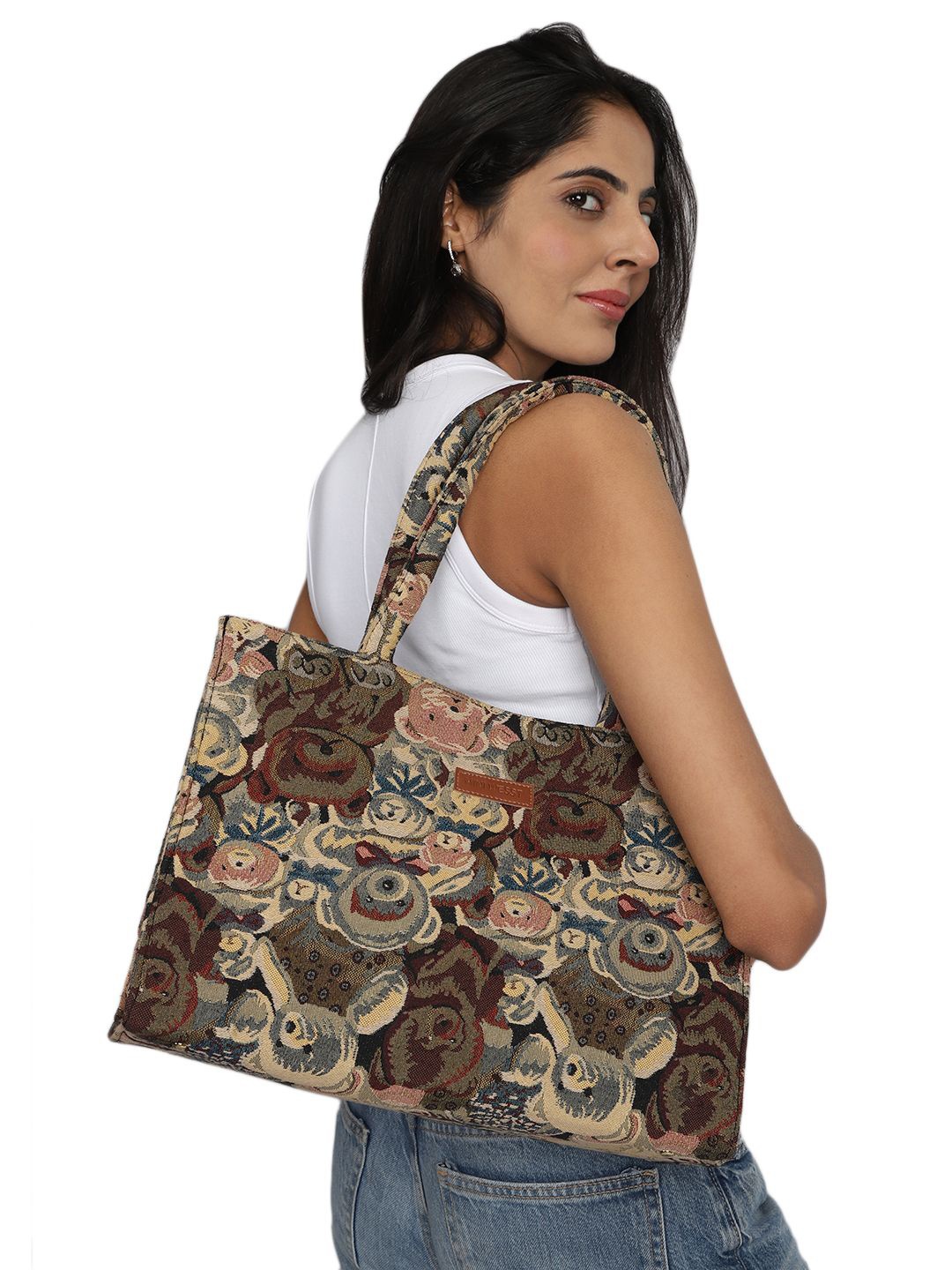 

MINI WESST Women Abstract Printed Shopper Tote Bag, Beige