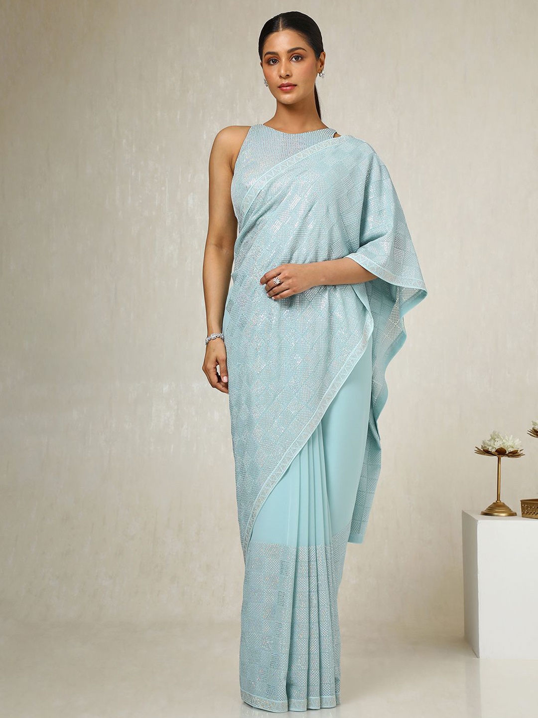 

Soch Embellished Sequinned Pure Georgette Saree, Turquoise blue