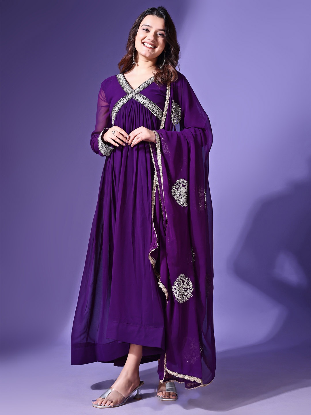

KALINI V-Neck Georgette Maxi Ethnic Dress with Dupatta, Purple