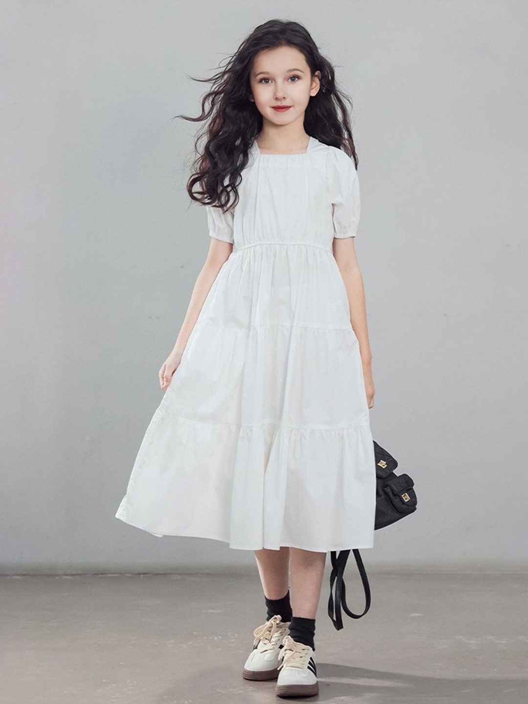 

INCLUD Girls Square Neck Short Sleeves Puff Sleeve Fit & Flare Midi Dress, White