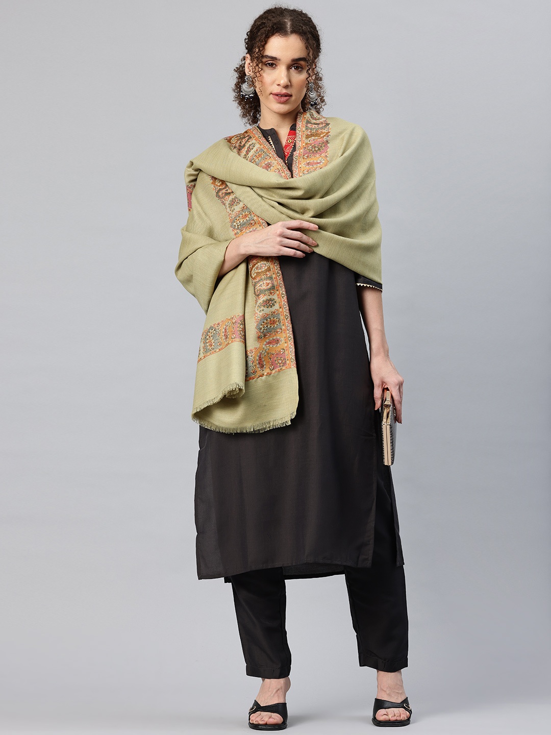 

SWI Stylish Floral Woven Design Bordered Shawl, Green