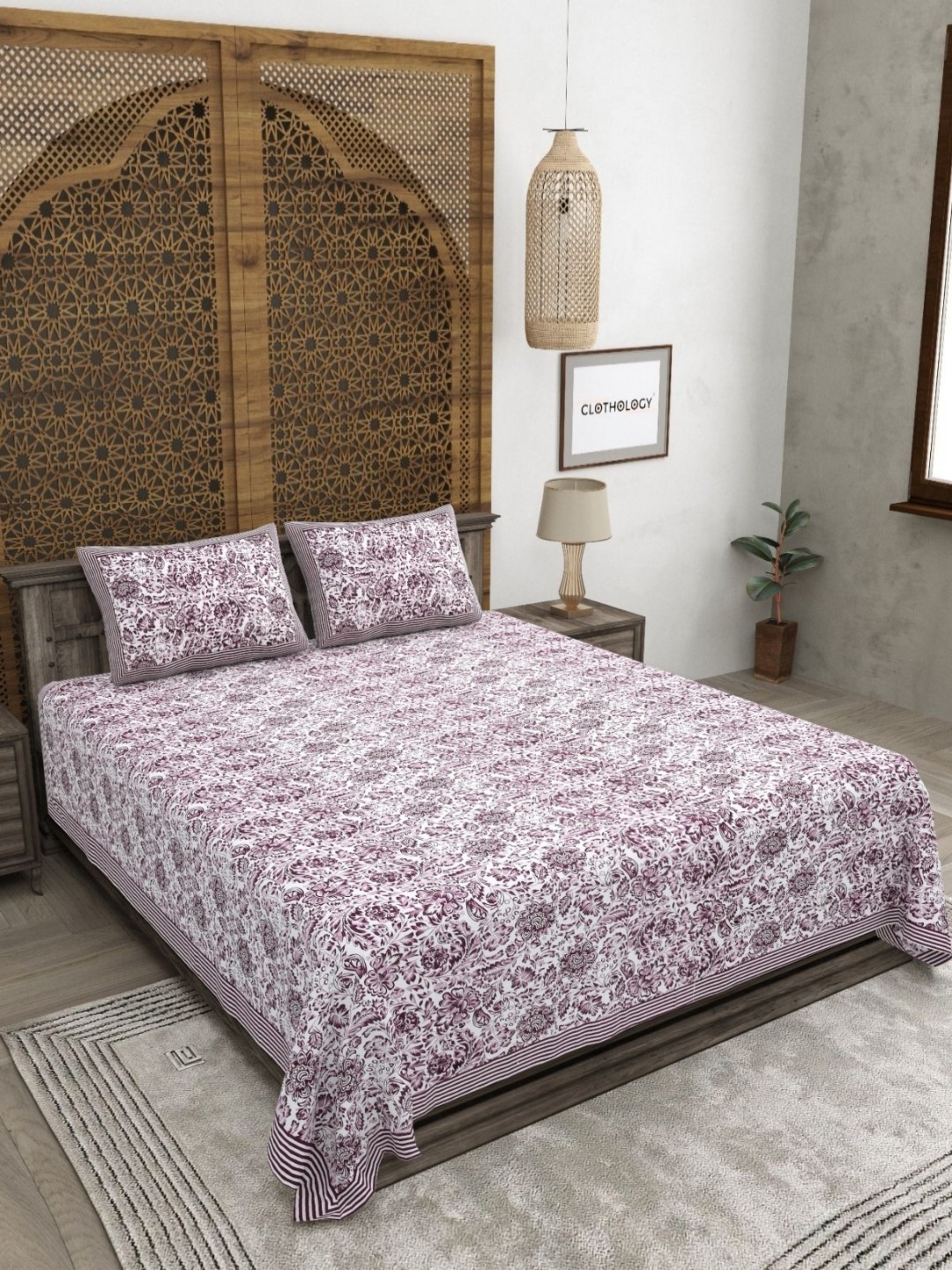

CLOTHOLOGY Pink & White Floral Printed Pure cotton 180 TC King Bedsheet Set 2.75 x 2.25 m