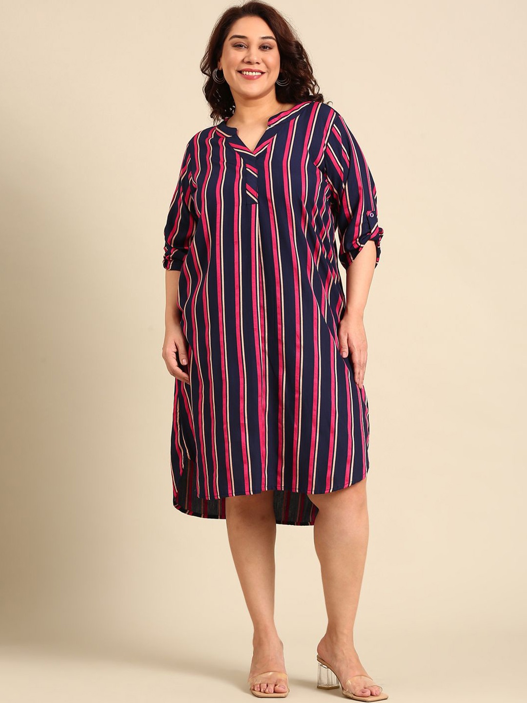 

The Pink Moon Women Plus Size Striped A-Line Midi Dress, Navy blue