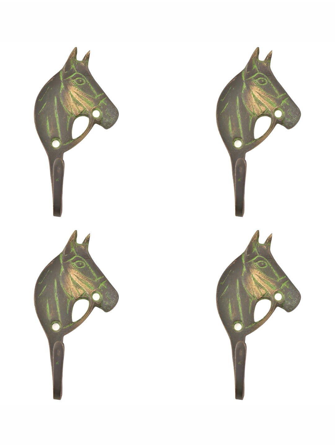 

IndianShelf Gold Toned & Green 4 Pieces Brass Horse Wall Hooks