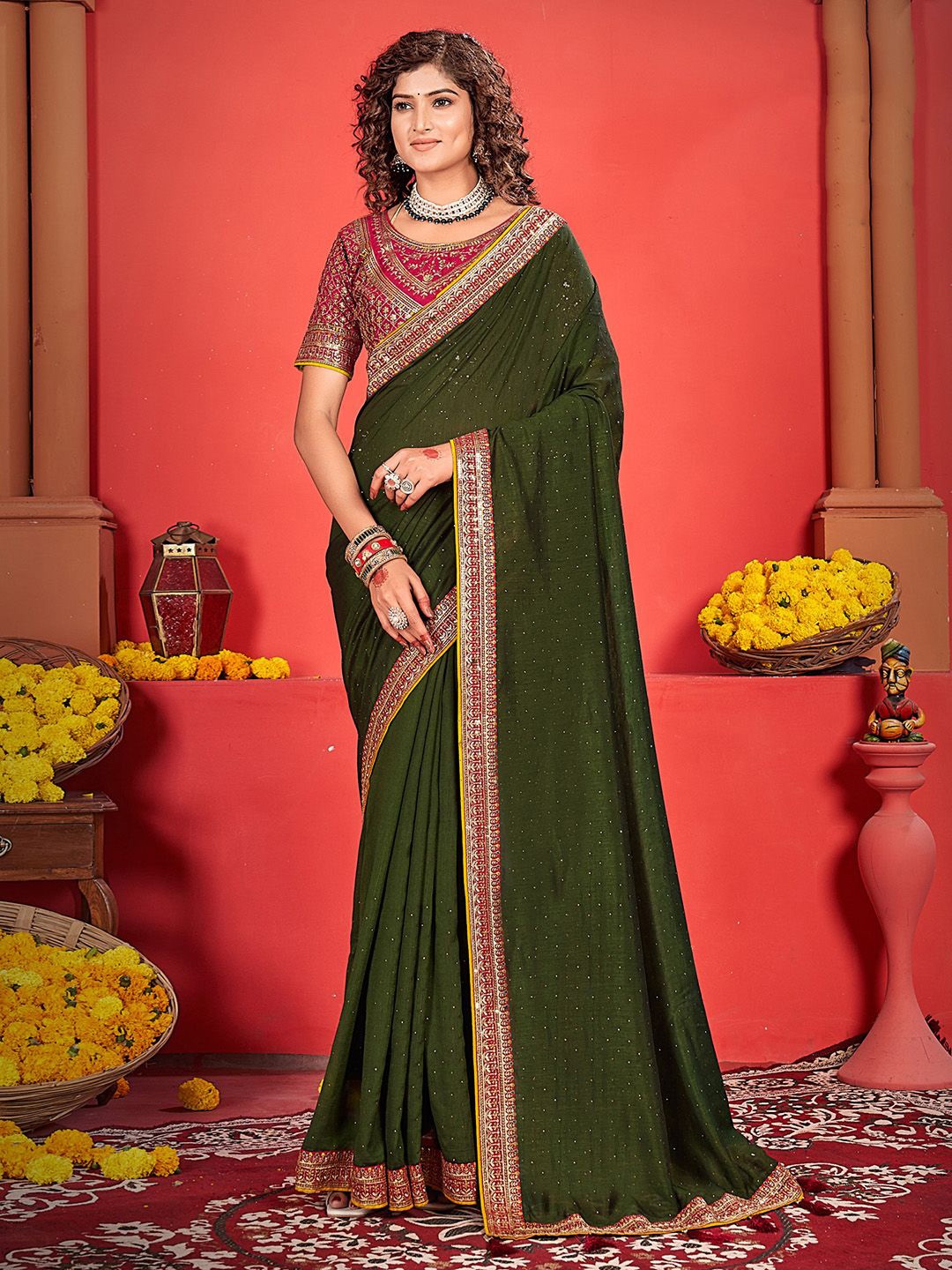 

Anouk Embellished Embroidered Beads and Stones Saree, Olive