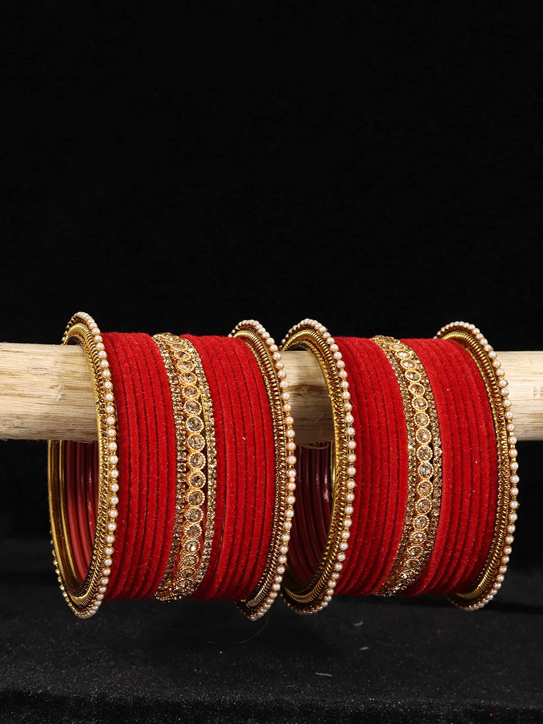 

ZULKA Set of 28 Zircon Gemstone Studded Metal Bangles, Red