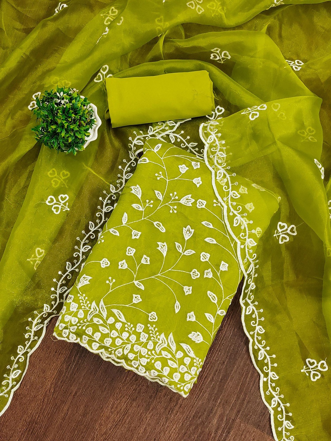 

JULEE Floral Embroidered Organza Unstitched Dress Material, Olive