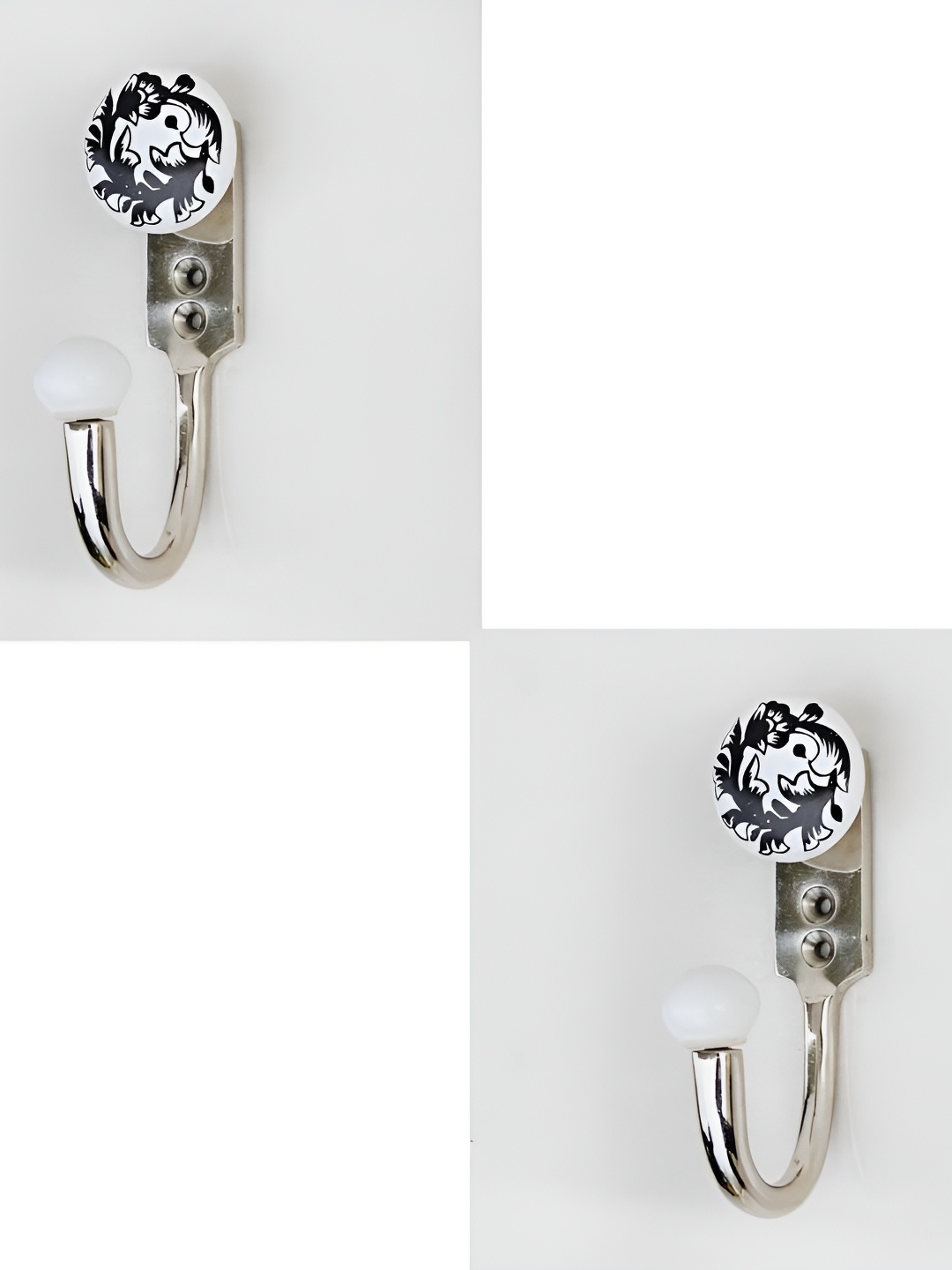 

IndianShelf Silvertoned and White 2 Pieces Floral Ceramic Wall Hangers Hooks, Silver