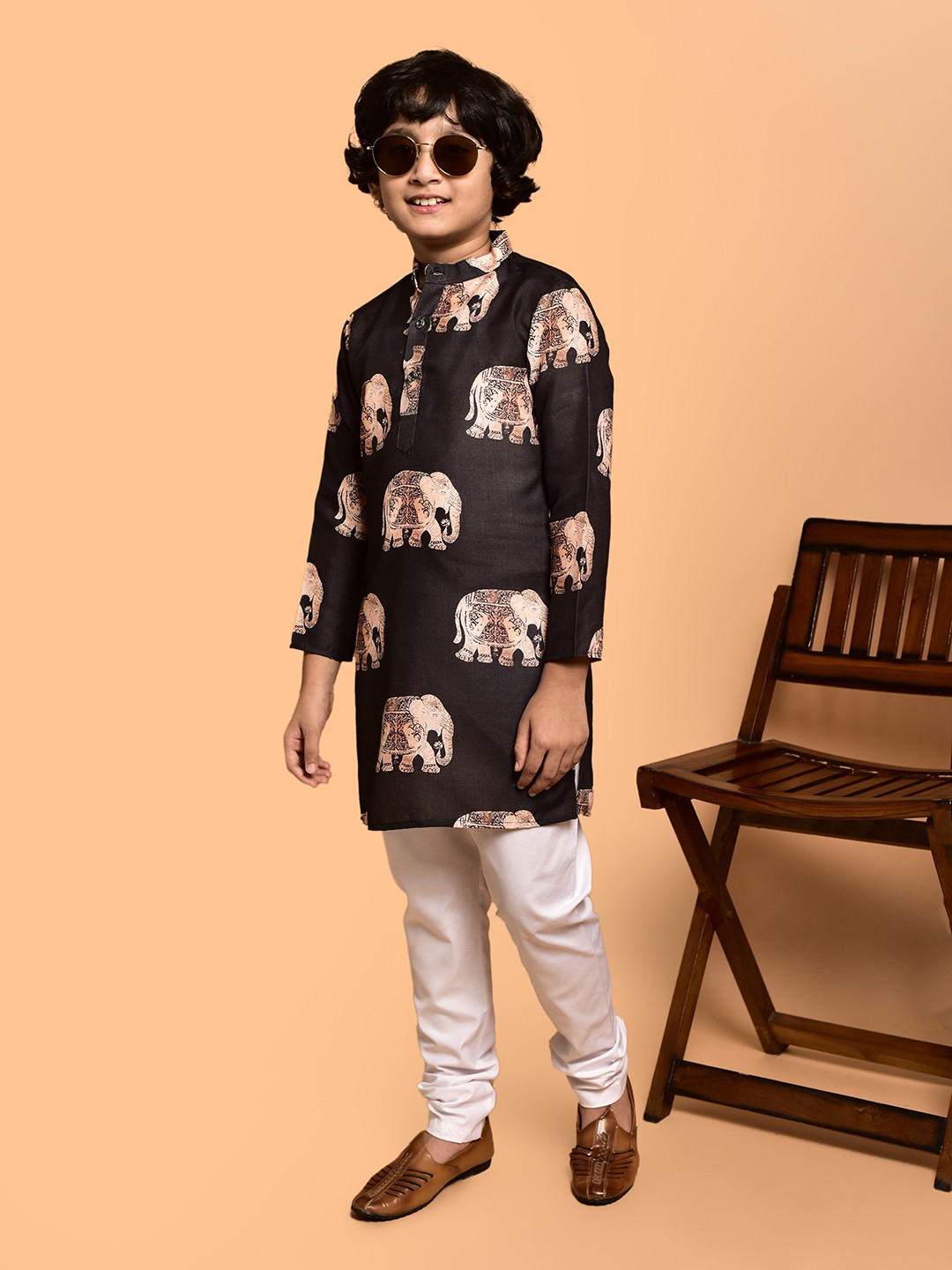 

PRINTINDIA Boys Animal Printed Regular Straight Kurta with Churidar, Coffee brown