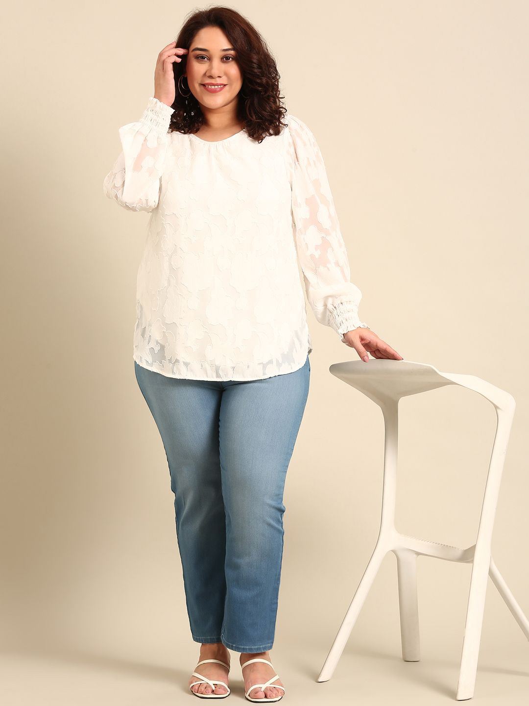 

The Pink Moon Women Woven jacquard Top, White