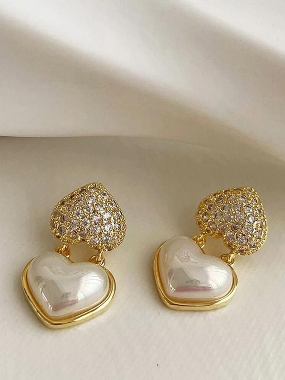 

DESTINY JEWELS Gold Plated Cubic Zirconia Studded Heart Shaped Drop Earrings