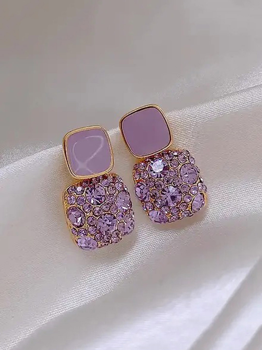 

styledose Sterling Silver Crystals Stone Studded Square Shaped Drop Earrings, Purple