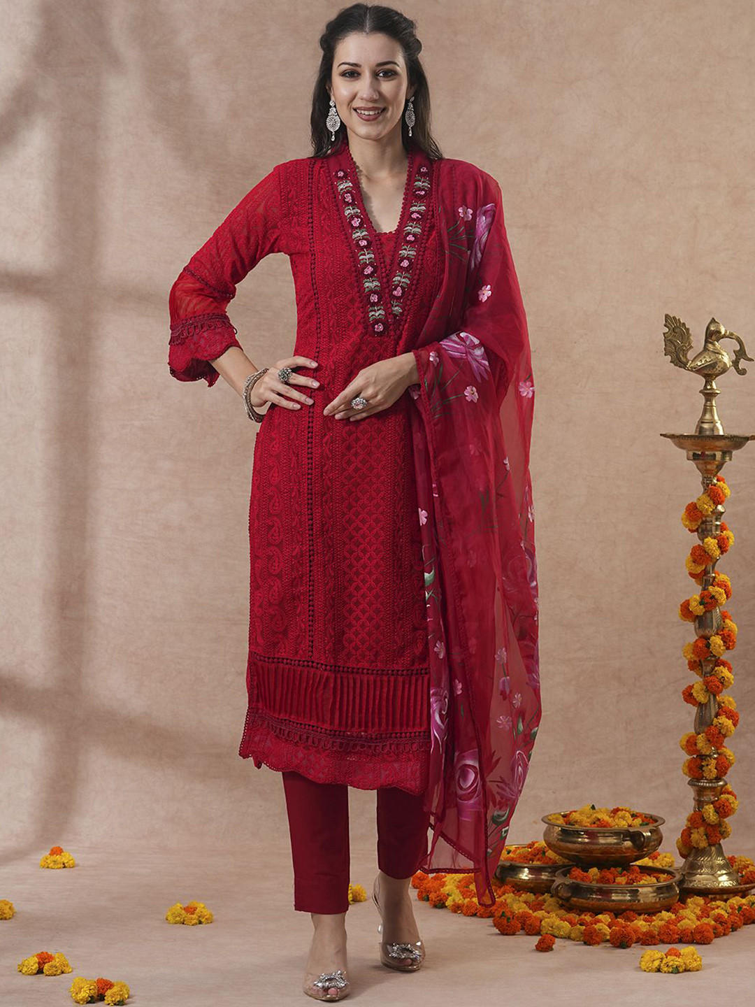 

FASHOR Floral Embroidered Chikankari Straight Kurta With Trousers & Dupatta, Red