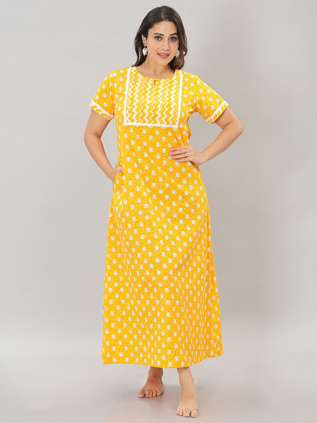 

NAIDU HALL Women Pure Cotton Printed Maxi Nightdress, Yellow