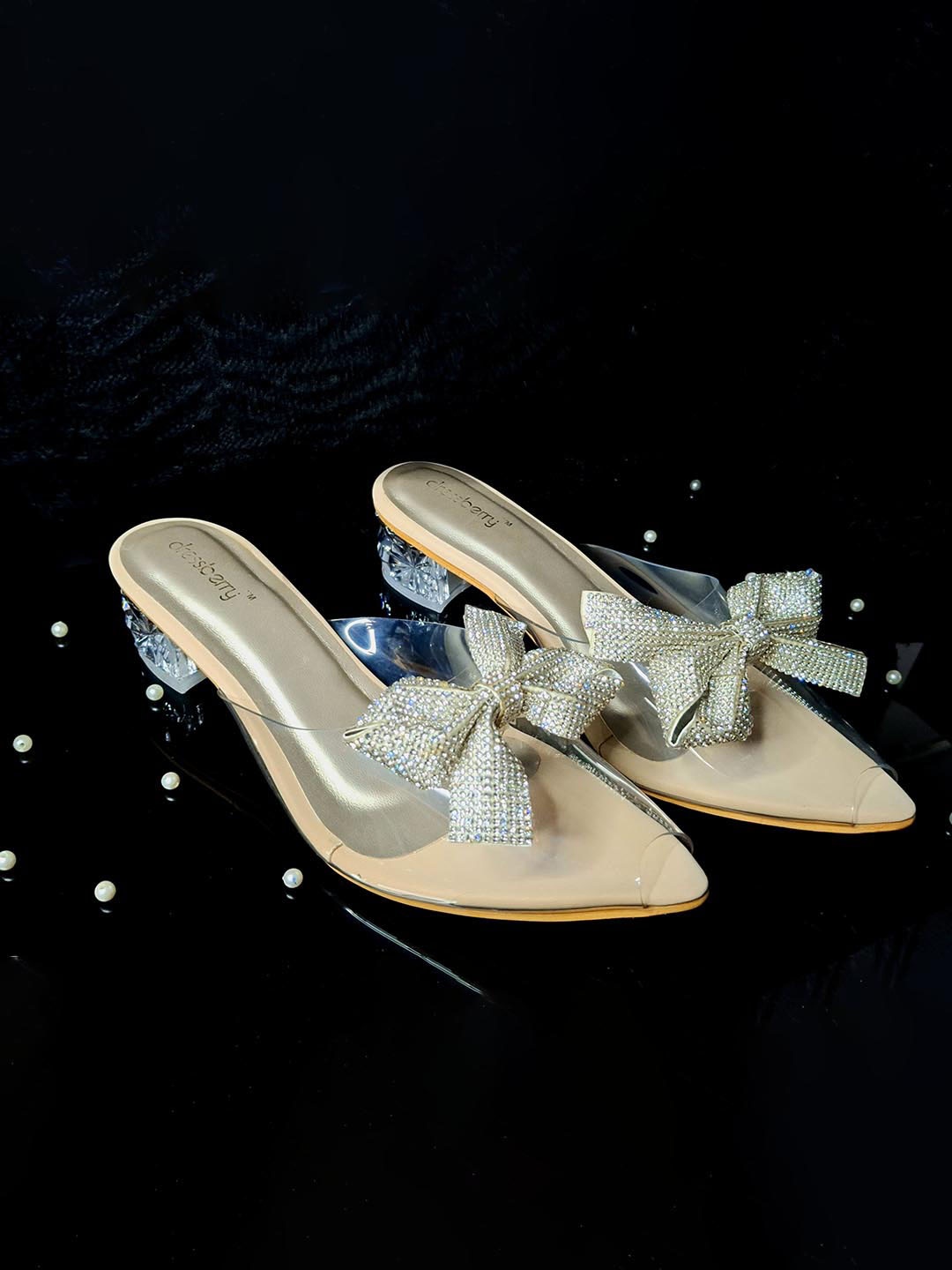 

DressBerry Women Embellished Block Peep Toes with Bows, Gold