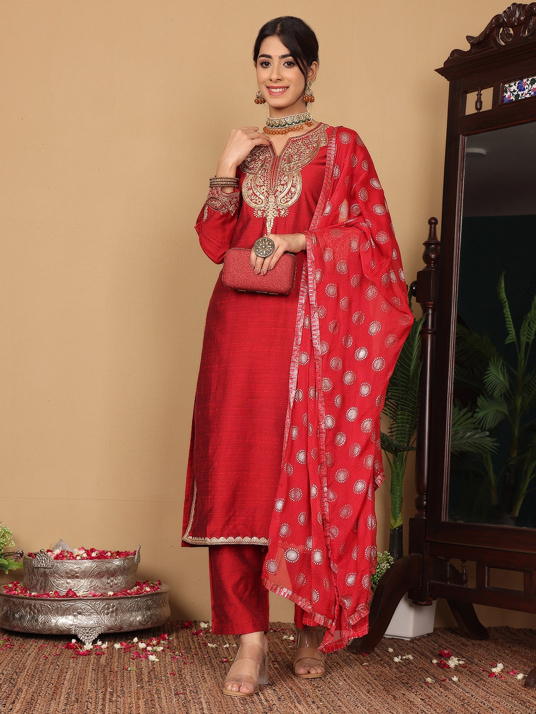 

Varanga Maroon Paisley Embroidered Regular Sequinned Kurta With Trouser With Dupatta