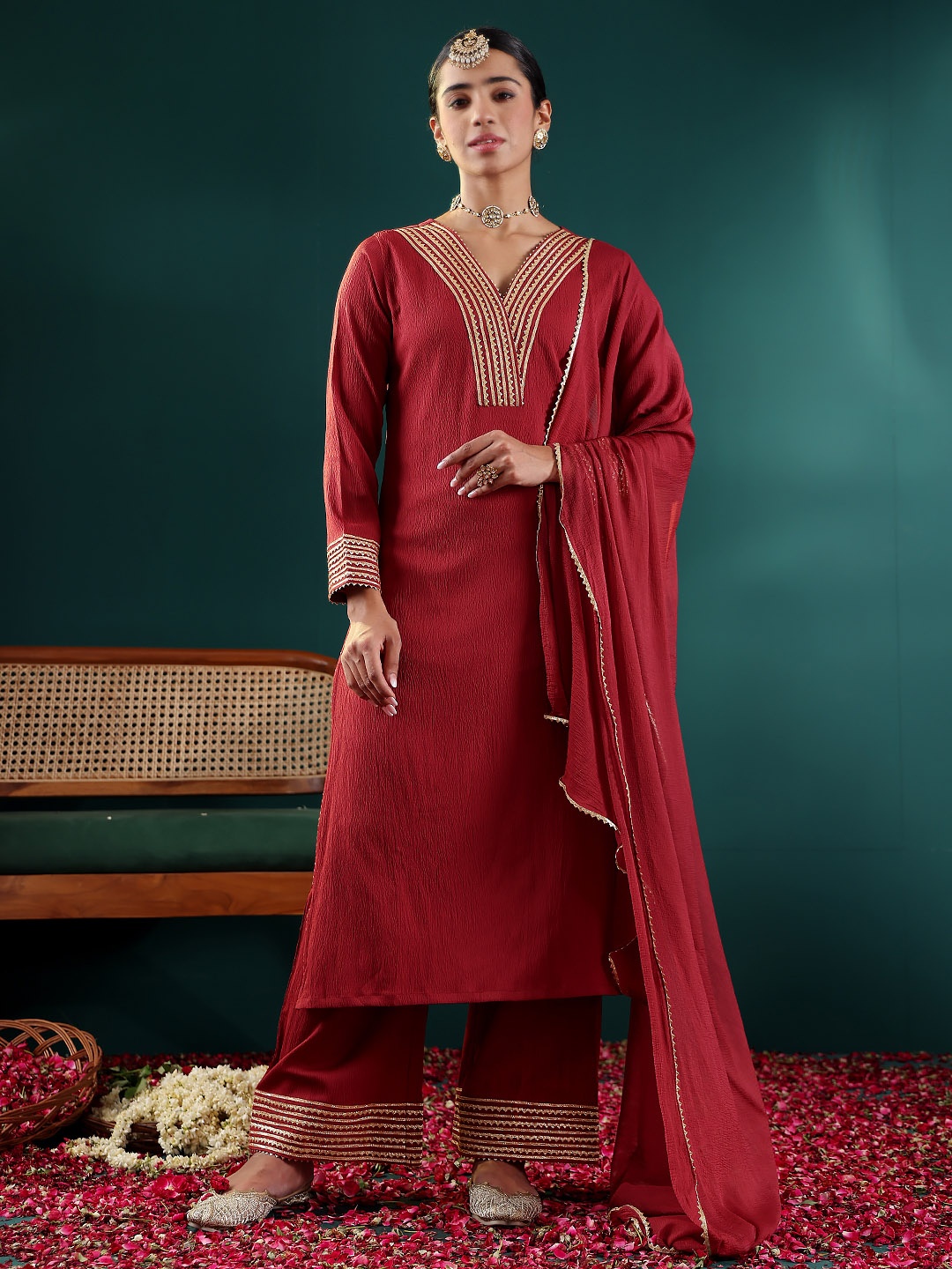 

Varanga Maroon V-Neck Regular Gotta Patti Silk Crepe Kurta With Trouser With Dupatta