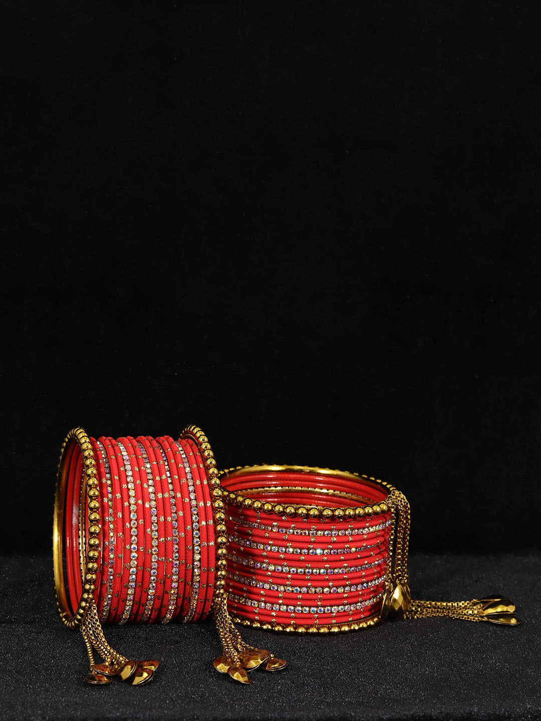 

ZULKA Set of 38 Metal with Base Metal Zircon Gemstone Studded Bangle, Red