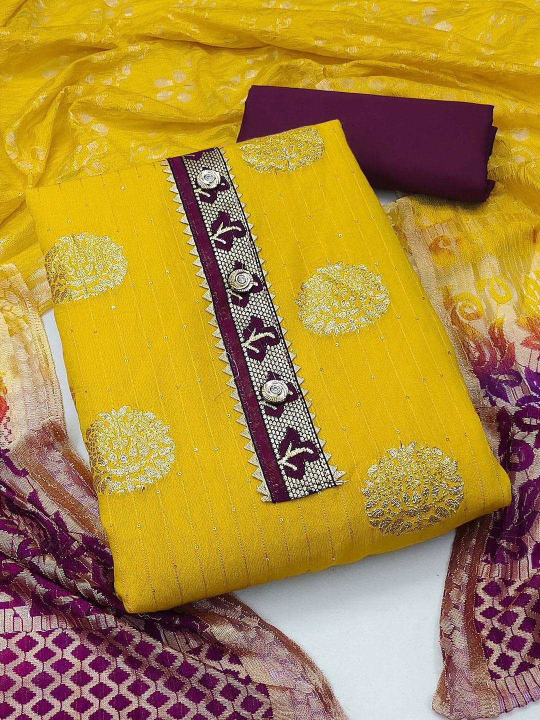 

Maroosh Floral Woven Design Sequined Unstitched Dress Material, Yellow