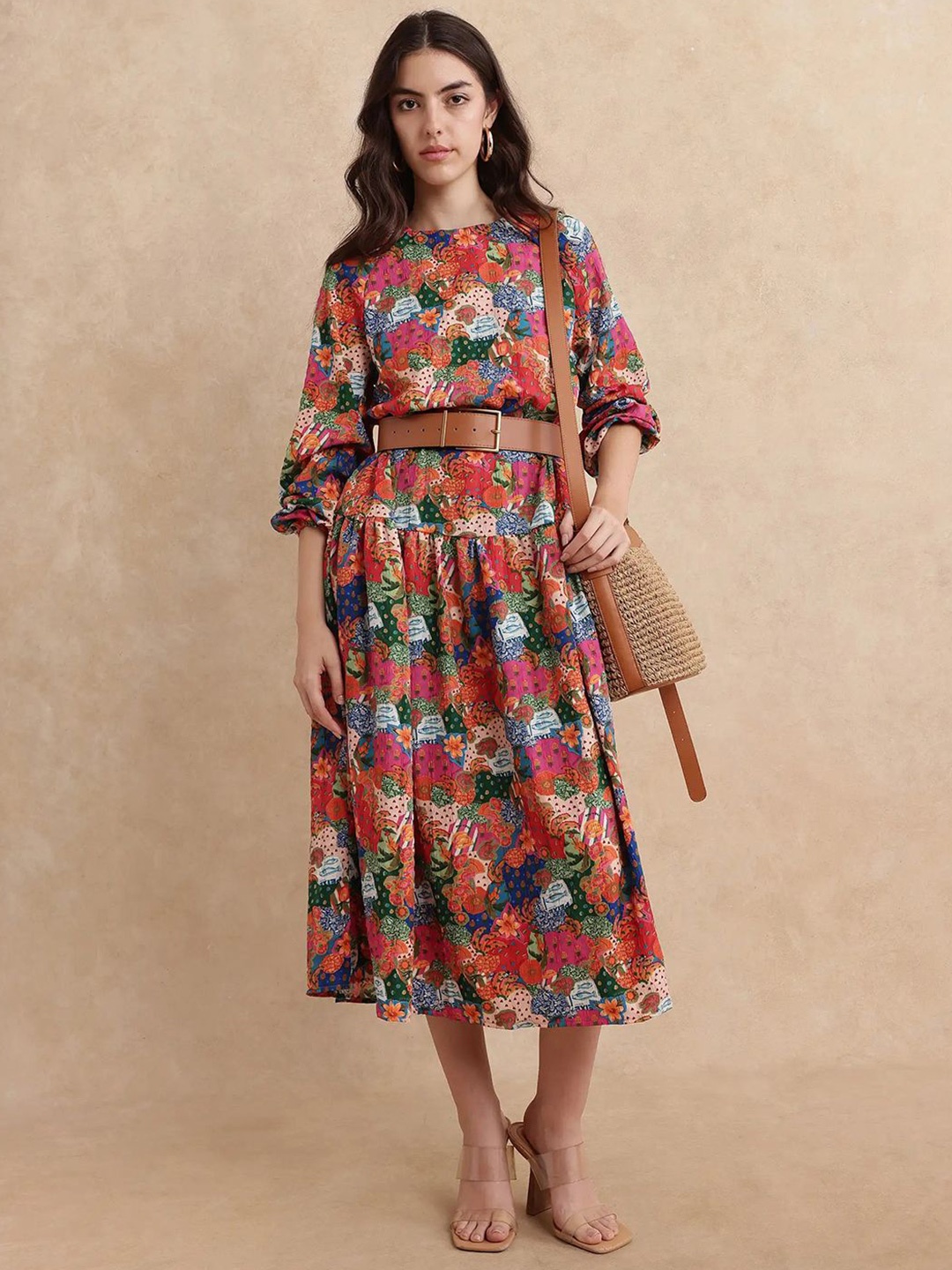 

RAREISM Women Floral Printed A-Line Midi Dress, Pink